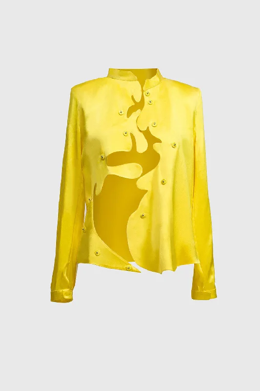 Ant Shirt - Lemon Yellow Trendy Button-Front Short Sleeve