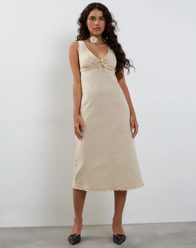 Antari Midi Dress in Ecru Linen Chic Bohemian Midi Dress