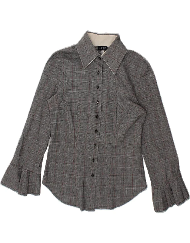 ARMANI JEANS Womens Shirt UK 10 Small  Grey Check Cotton Fashionable Sheer Short Shirt