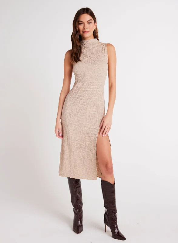 Mock Neck Midi Dress - Light Oak Fashionable Skater Midi Dress