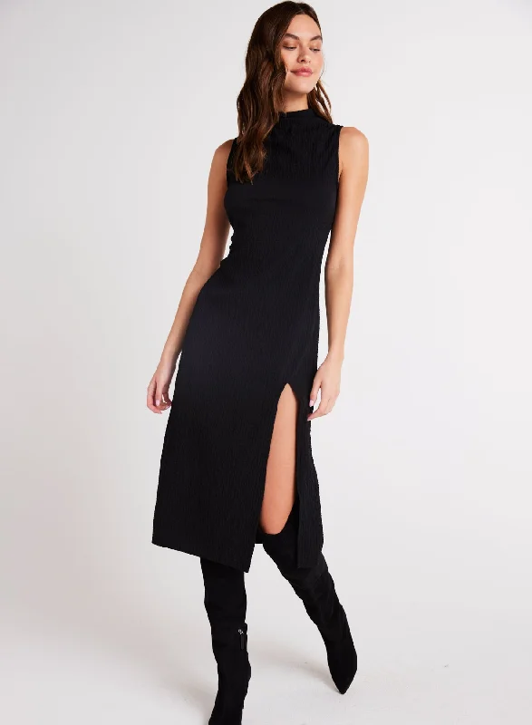 Mock Neck Midi Dress - Black Trendy Ruched Side Midi Dress