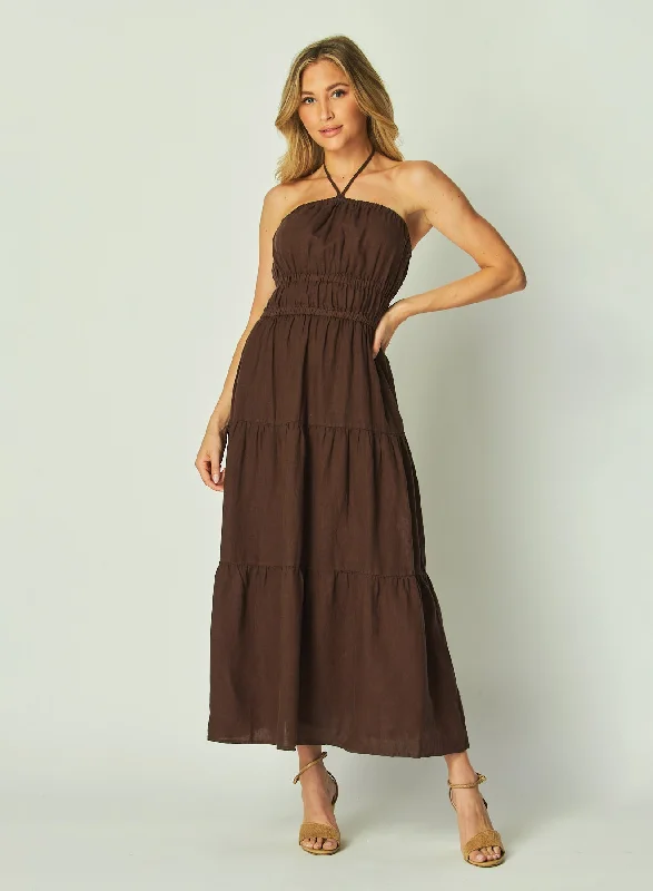 Gathered Halter Midi Dress - Cocoa Cabana Comfortable Short Sleeve Midi Dress