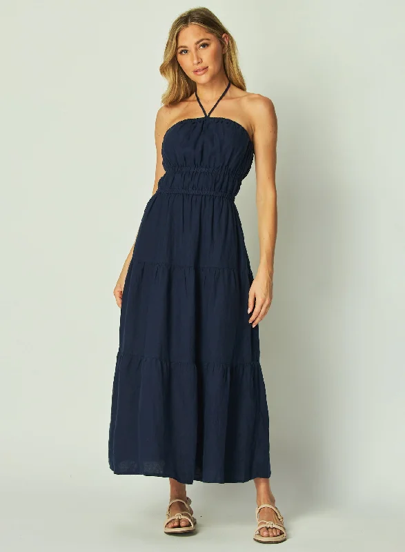 Gathered Halter Midi Dress - Brazilian Navy Trendy Bodycon Midi Dress