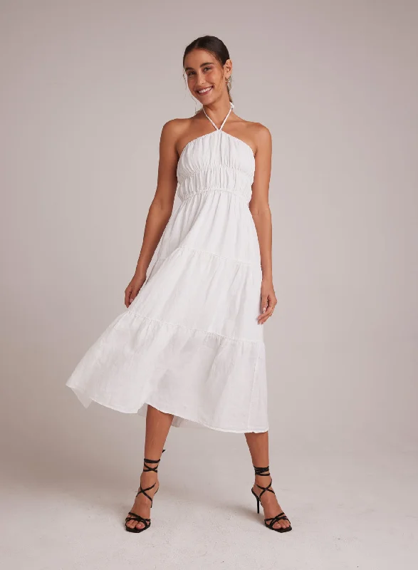 Gathered Halter Midi Dress - White Trendy Shift Midi Dress