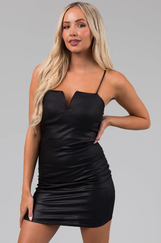 Black Faux Leather Sleeveless Mini Dress Modern Satin Mini Dress