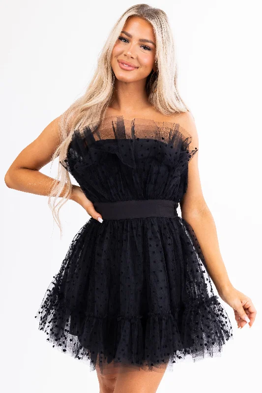 Black Ruffle Strapless Heart Detail Mini Dress Fashionable A-Line Mini Dress