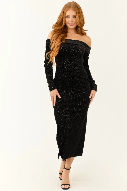 Black Shimmery Velvet Off Shoulder Midi Dress Comfortable Knitwear Midi Dress