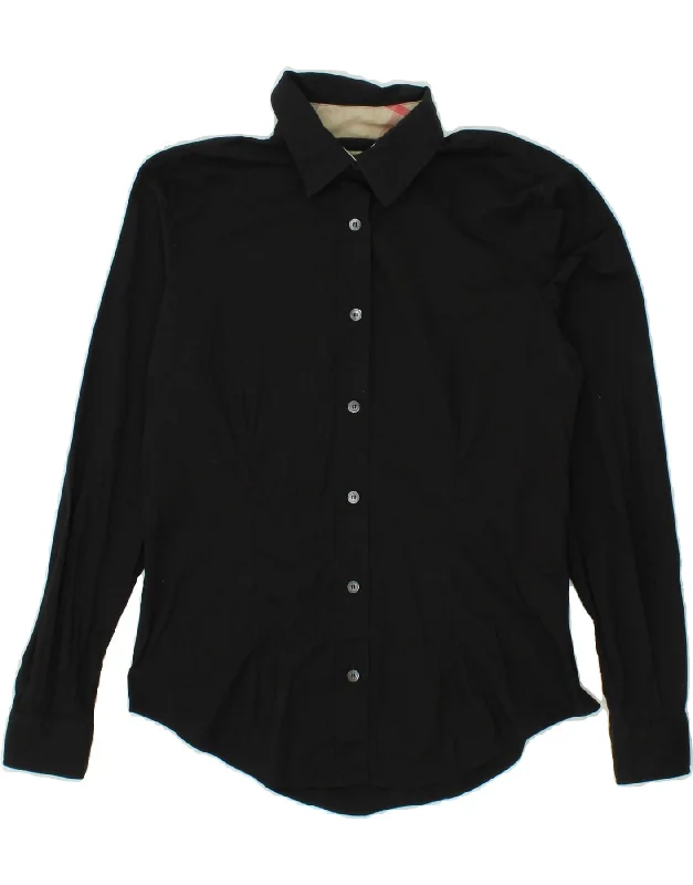 BURBERRY Womens Shirt UK 10 Small Black Cotton Classic Solid Short Shirt