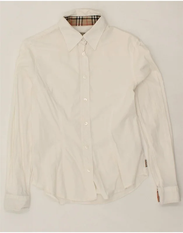 BURBERRY Womens Shirt UK 10 Small Off White Cotton Soft Flowing Short Shirt