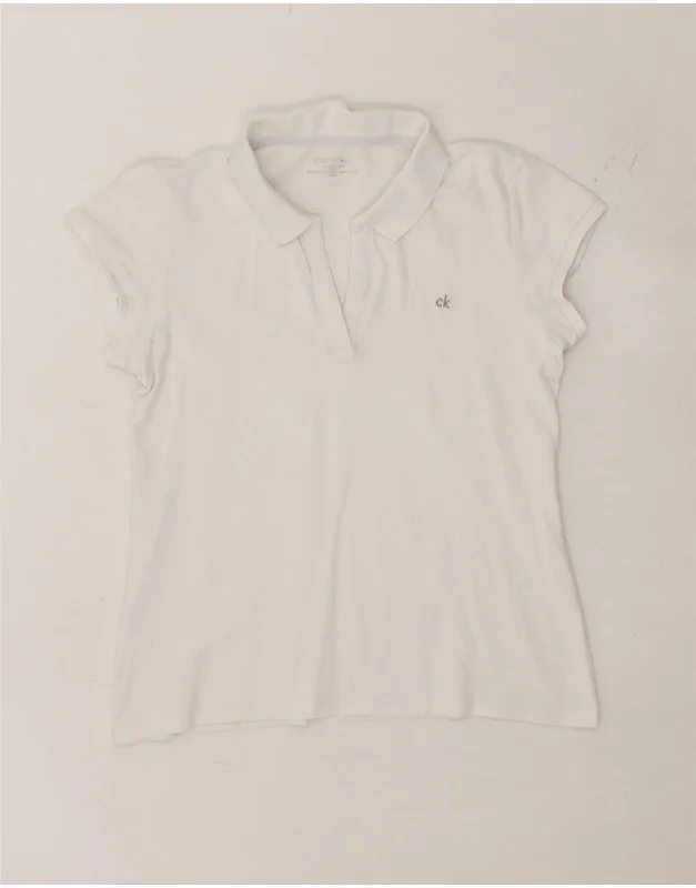 CALVIN KLEIN Womens Polo Shirt UK 12 Medium White Cotton Comfortable Flowing Short Sleeve