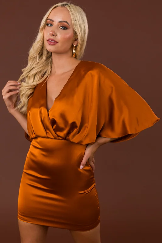 Caramel Satin Kimono Sleeve Mini Dress Classic Shift Mini Dress