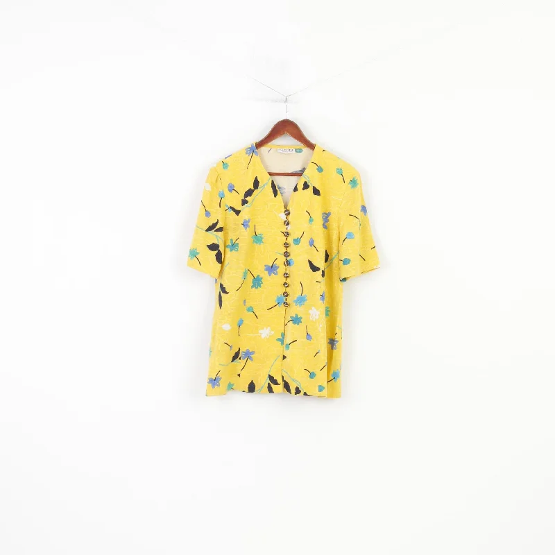 Cavita Schneberger Gruppe Women 18 XL Shirt Button Front Flower Print Blouse Short Sleeve Yellow Summer Vintage V Neck Top Casual Boxy Short Shirt