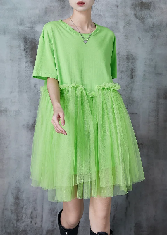 Chic Grass Green Oversized Patchwork Tulle Mini Dresses Summer Elegant Mini Dress with Pleats