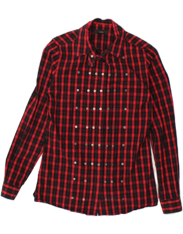 DIESEL Womens Shirt UK 10 Small Red Check Cotton Comfortable Stretch Short Shirt