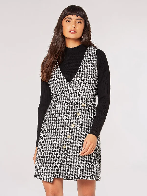 Dogtooth Pinafore Mini Dress Stylish Short Sleeve Mini Dress