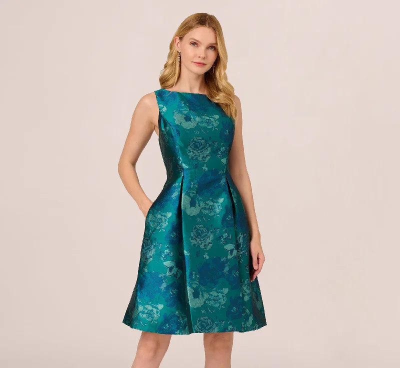 Floral Jacquard Sleeveless Midi Dress With Cutout Back In Teal Multi Trendy Shift Midi Dress