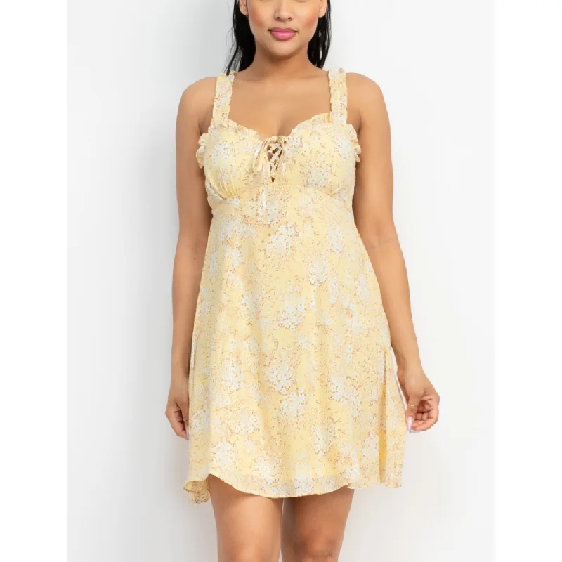 Floral Lace-Up Ruffle Mini Dress - Yellow Trendy Mesh Mini Dress