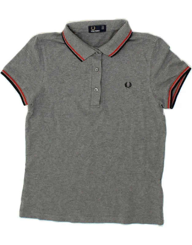 FRED PERRY Womens Polo Shirt UK 12 Medium Grey Cotton Chic Embellished Short Sleeve