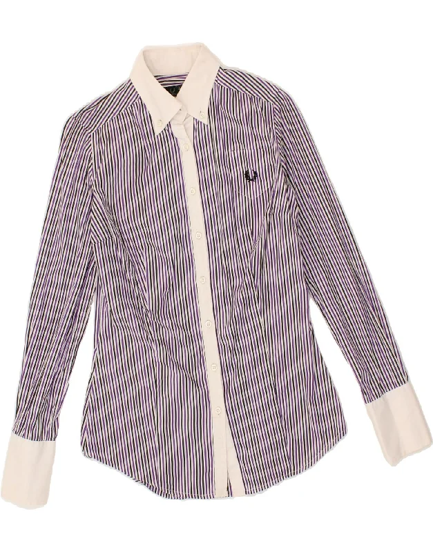 FRED PERRY Womens Shirt UK 10 Small Purple Striped Cotton Chic V-Neck Short Blouse