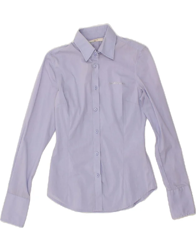 GAUDI Womens Shirt IT 40 Small Blue Striped Cotton Fashionable Rounded Short Shirt