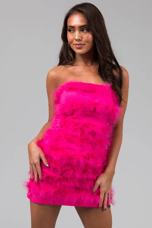 Hot Pink Faux Fur Strapless Mini Dress Modern Satin Mini Dress