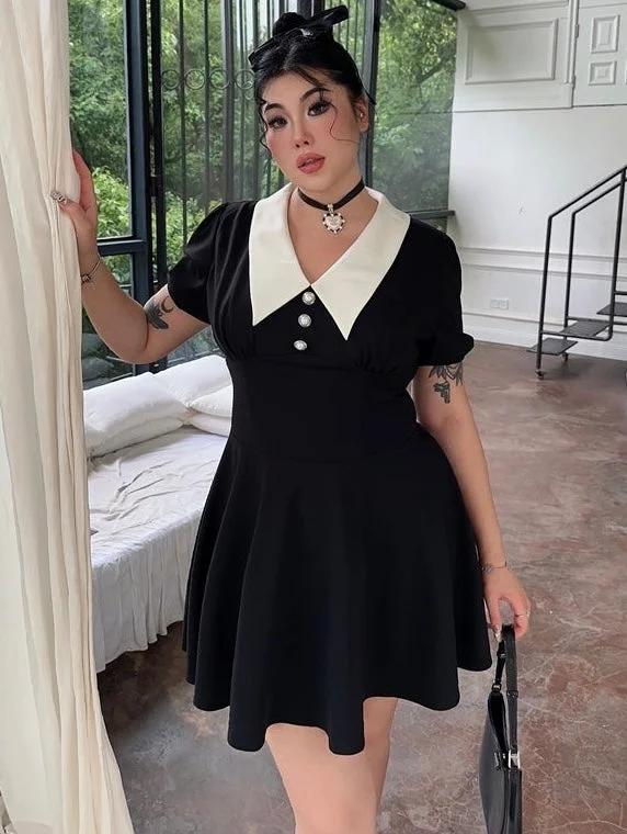 Ivette Plus Size Solid Contrast Color French Ballet Doll Black & White Pleated Mini Dress Elegant Lace-Up Mini Dress