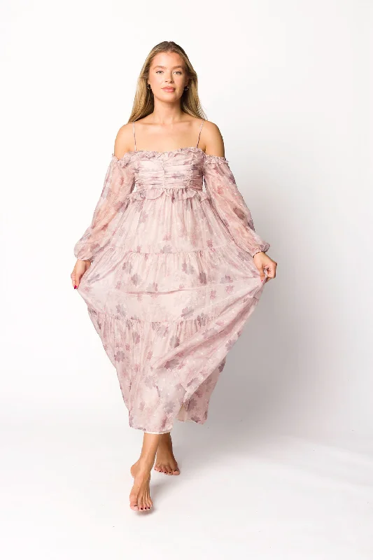 Atlas Rouched Midi Dress in Purple/Blush Floral Comfortable Ruched Midi Dress