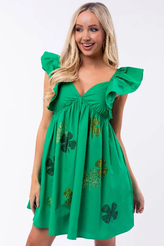 Kelly Green Clover Rhinestone Mini Dress Classic Casual Mini Dress