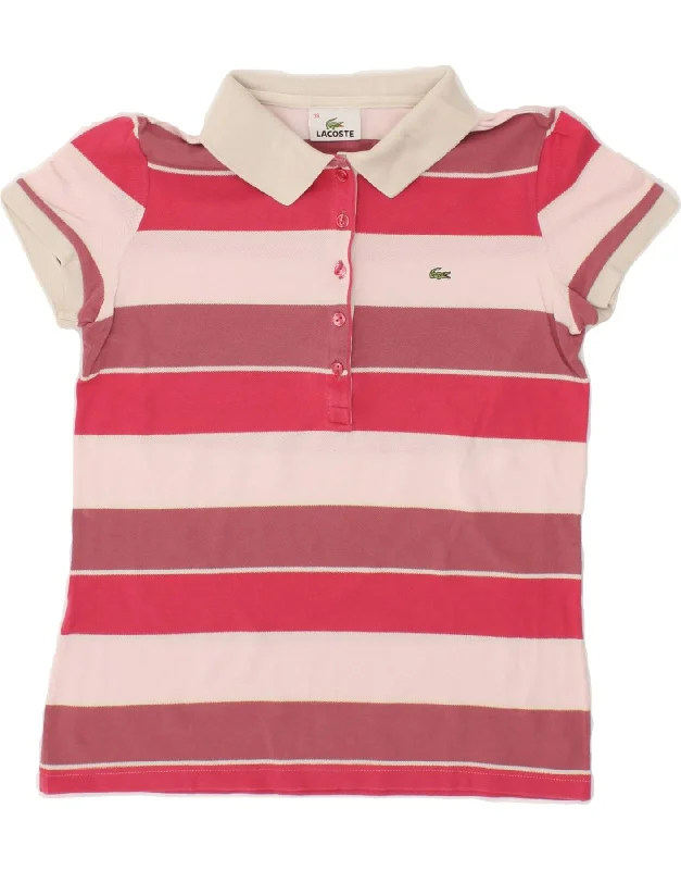 LACOSTE Womens Polo Shirt Size 38 Medium Red Striped Cotton Fashionable Tied Short Sleeve