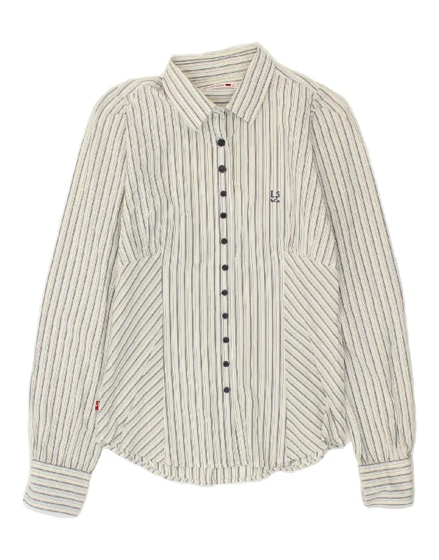 LEVI'S Womens Shirt UK 10 Small White Striped Cotton Stylish Round Neck Shirt