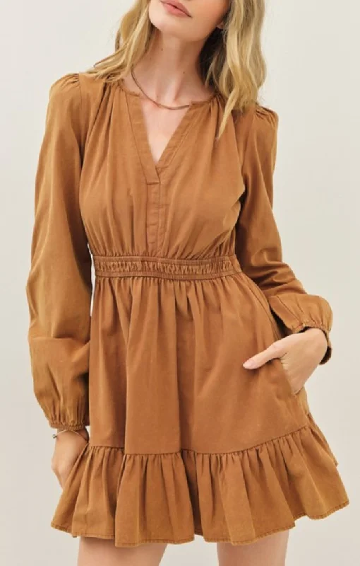 Loren Washed Camel Mini Dress Cozy Sweater Mini Dress