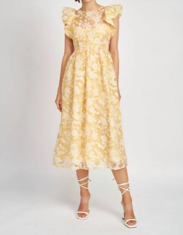 Marais Midi Dress In Yellow Stylish Off-Shoulder Ruffle Dress