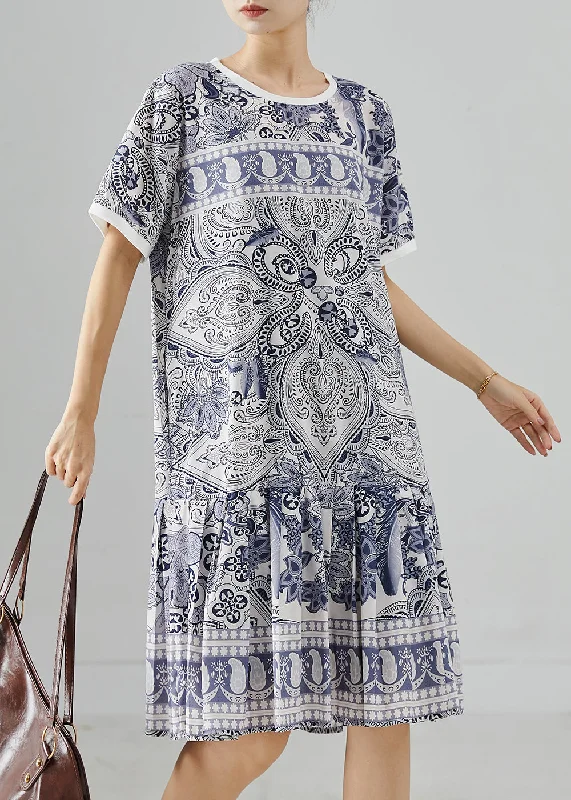 Modern Navy Oversized Print Silk Mini Dress Summer Trendy Lace Mini Dress