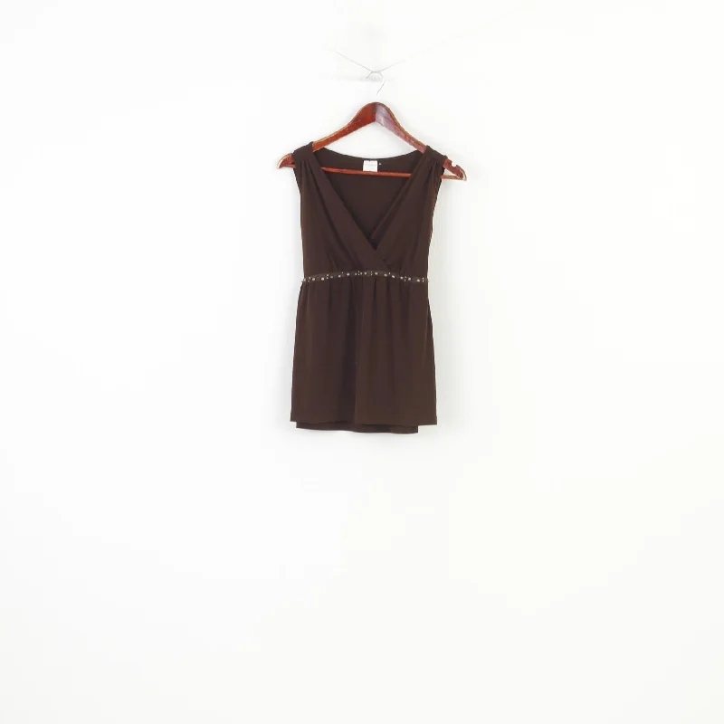 Motherhood Maternity Women M Shirt Brown V Neck Sleeveless Stretch Belt Top Elegant Draped Short Shirt