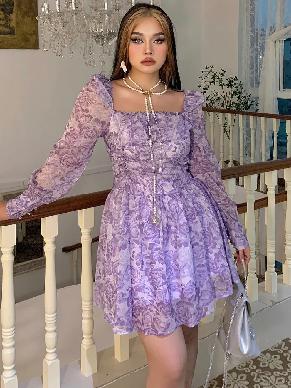 Nange Plus Size Floral Purple Long Sleeve Mesh Square Neck Mini Dress Trendy Off-Shoulder Dress Mini