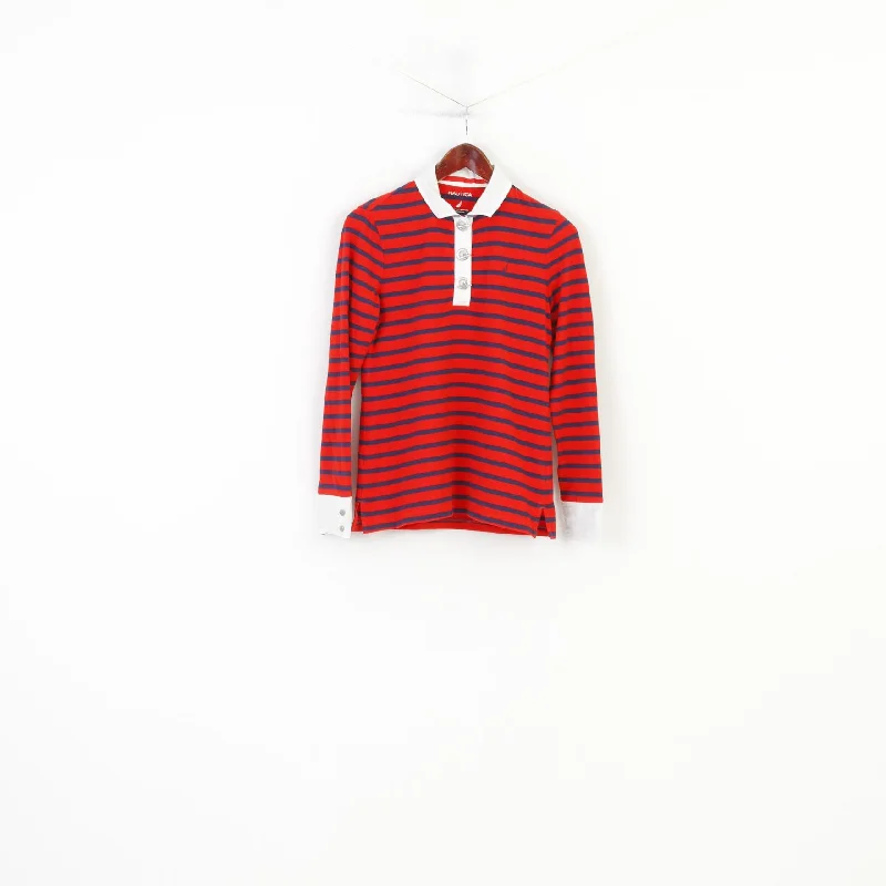 Nautica Women M Polo Shirt Red Striped Marine Cotton Long Sleeve Stretch Collar Vintage Top Cozy Knit Short Sleeve Top