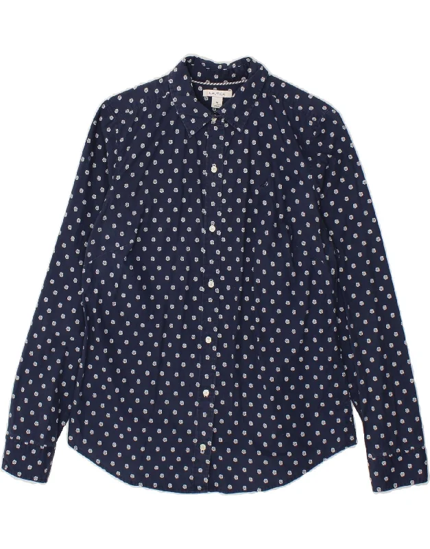 NAUTICA Womens Shirt UK 14 Medium Navy Blue Floral Cotton Chic Button-Up Short Shirt