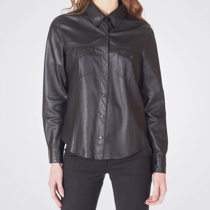 New Women Black Lambskin Leather Shirt Elegant Longline Short Shirt