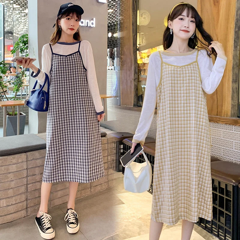 NiDELL Maternity Dress . New Fashion Grid Slim Suspender Dress Two-Piece Sweet Trendy Mom Midi Dress Stylish Striped Midi Dress