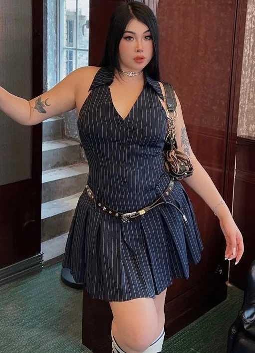 Olivia Plus Size Striped Navy Blue Slim Sleeveless V-neck Halter Neck Waist Belt Pleated A-line Mini Dress Cozy Knitted Mini Dress