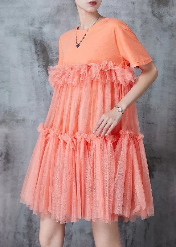 Orange Patchwork Tulle Mini Dresses Oversized Summer Cozy T-Shirt Mini Dress