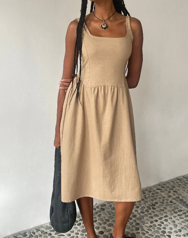 MOTEL X JACQUIE Pelove Drop Waist Midi Dress in Light Taupe Elegant Sleeveless Midi Dress