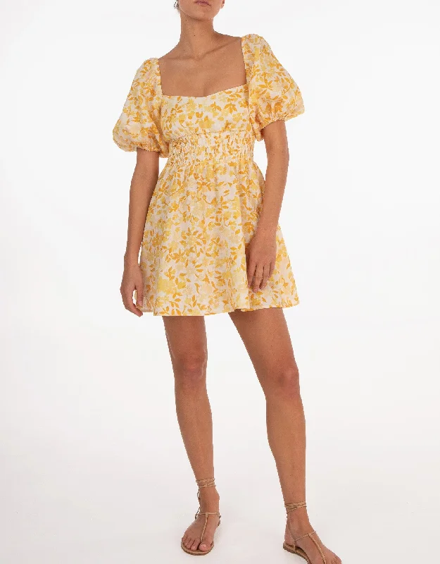 Linen Smocked Mini Dress, Daffodil Yellow Floral Trendy Floral Mini Dress