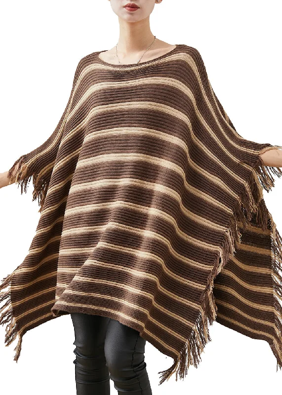 Plus Size Khaki Striped Tasseled Knit Mini Dresses Spring Chic Bohemian Mini Dress