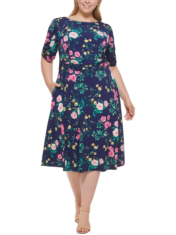 Plus Womens Floral Print Calf Midi Dress Trendy Knit Midi Dress