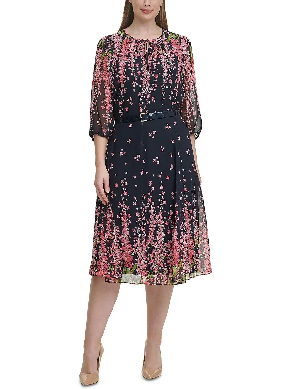 Plus Womens Floral Printed Calf Midi Dress Trendy Ruffled Sleeve Midi Dress