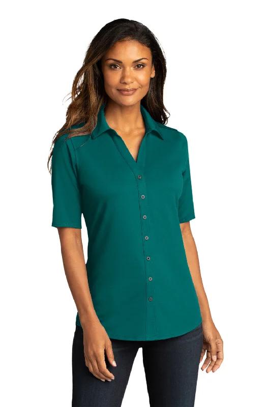 Port Authority Womens City Moisture Wicking Short Sleeve Button Down Shirt - Dark Teal Green Trendy Floral Print Tee