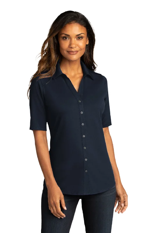 Port Authority Womens City Moisture Wicking Short Sleeve Button Down Shirt - River Navy Blue Elegant Off-Shoulder Short Shirt