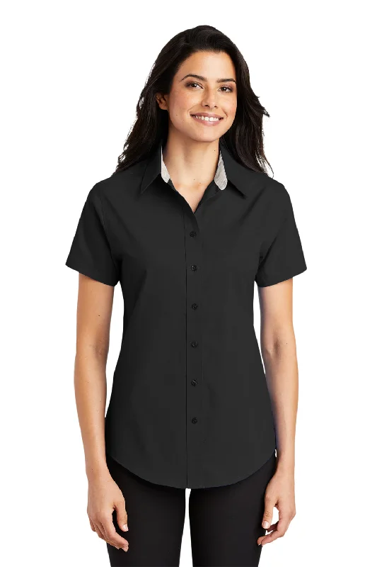 Port Authority Womens Easy Care Wrinkle Resistant Short Sleeve Button Down Shirt - Black Classic Casual Short Sleeve