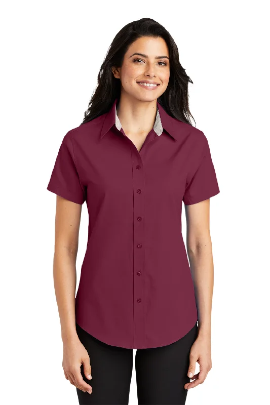 Port Authority Womens Easy Care Wrinkle Resistant Short Sleeve Button Down Shirt - Burgundy Fashionable Rounded Short Shirt